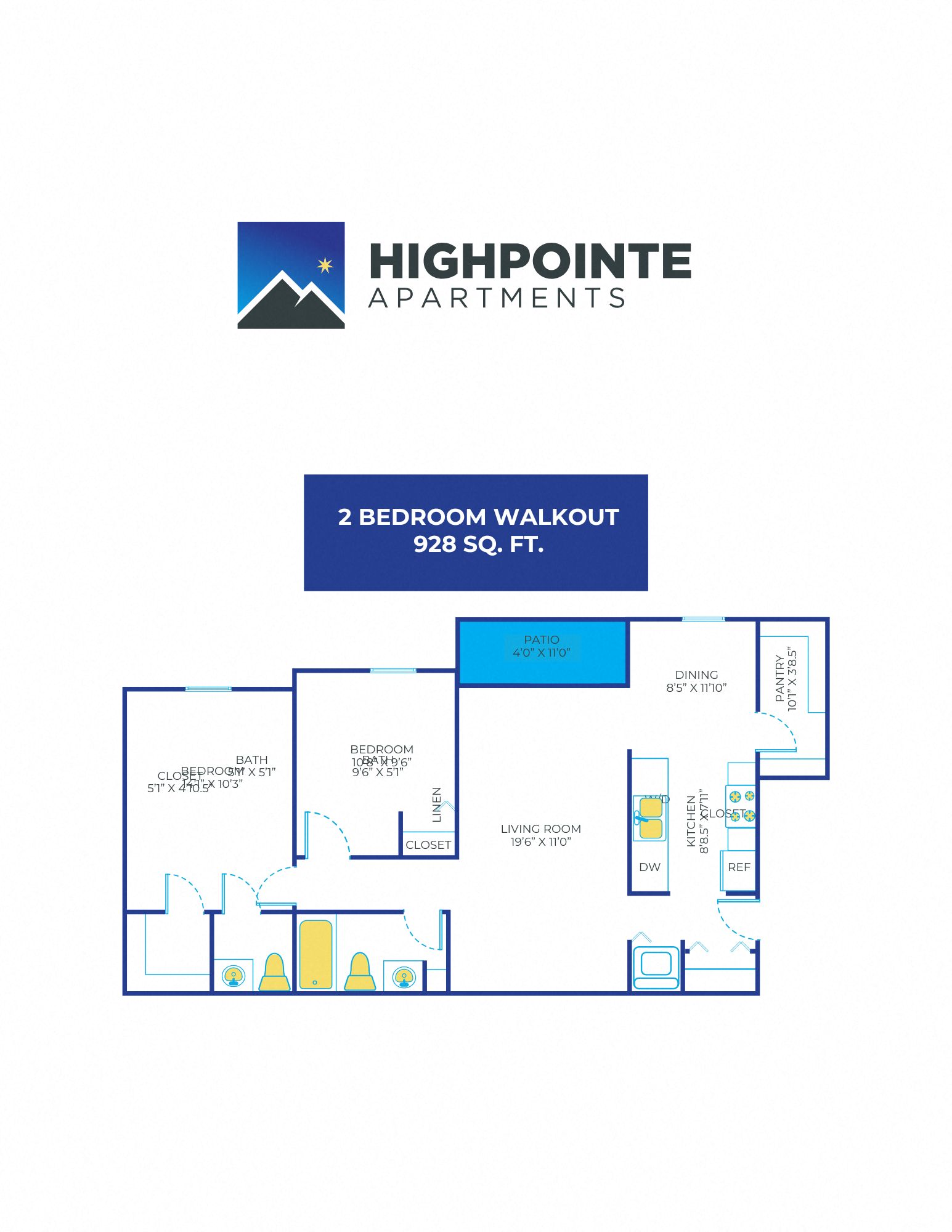 Floor plan for 2 beds, 1.5 baths, 928 sqft
